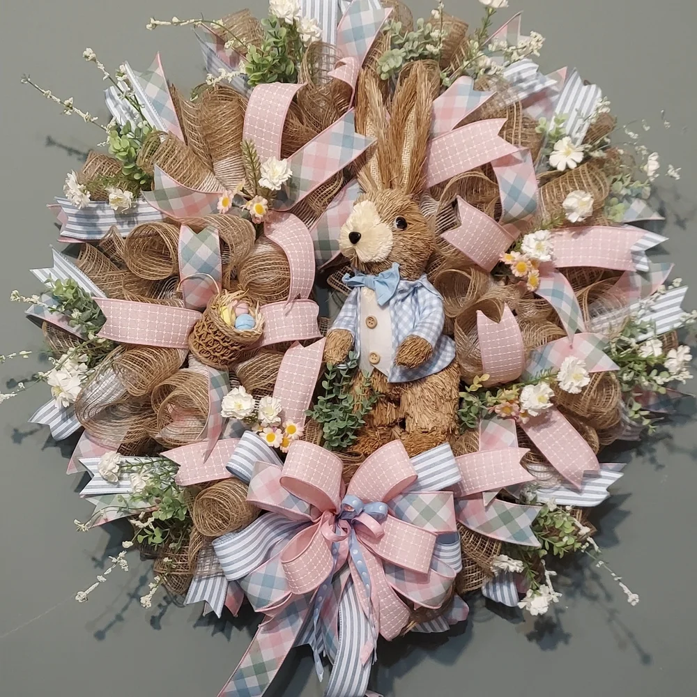 Hand Crafted Pastel Pink & Blue Easter Bunny Wreath